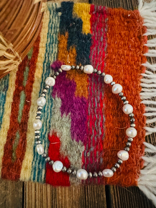 Handcrafted Freshwater Pearl & Sterling Silver Pearl Beaded Stretch Bracelet