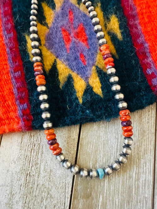 Navajo Sterling Silver, Spiny & Turquoise Beaded 14” Necklace