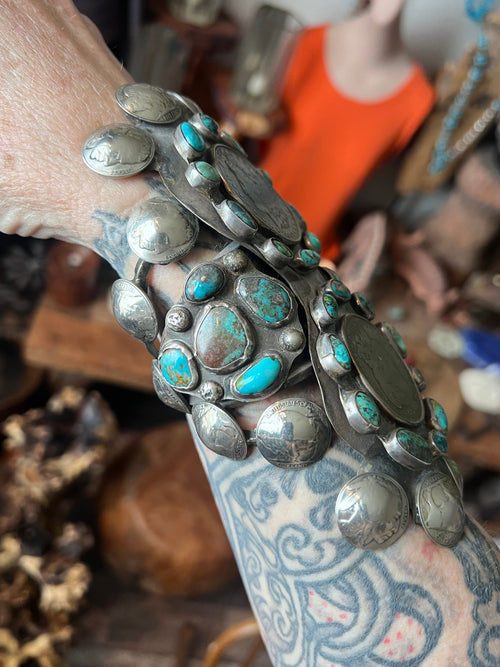 Insane Old Pawn Sterling Silver, Morgan Dollar, Buffalo Nickel and Turquoise Cuff Bracelet by Eric Drake