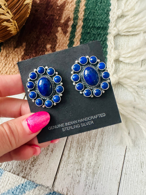 Old Pawn Navajo Lapis and Sterling Silver Cluster Clip On Earrings