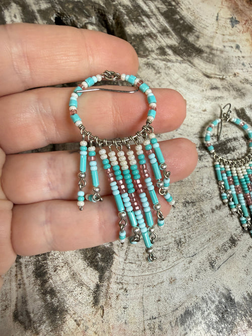 “The Golden Collection”  Wild Blue Hoops Handmade Multi Color Beaded Earrings