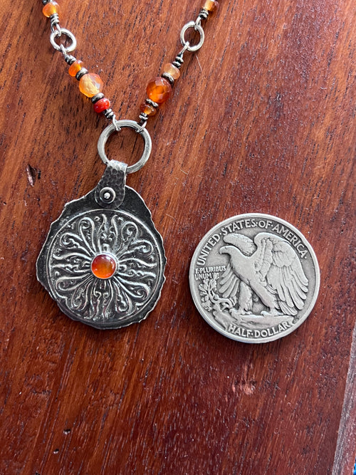 Tularosa Rosary Style Sterling Silver and Carnelian Relic Coin Necklace