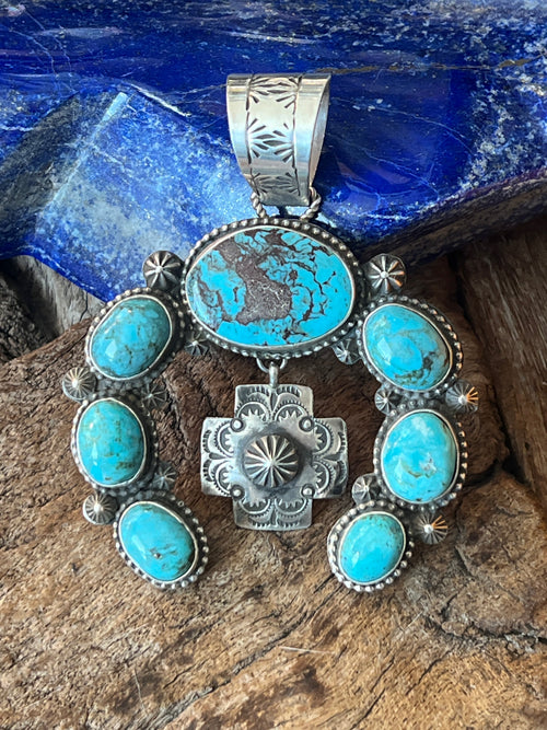 Apache Made Sterling Silver and Egyptian Turquoise Naja Pendant by Rosella Paxson