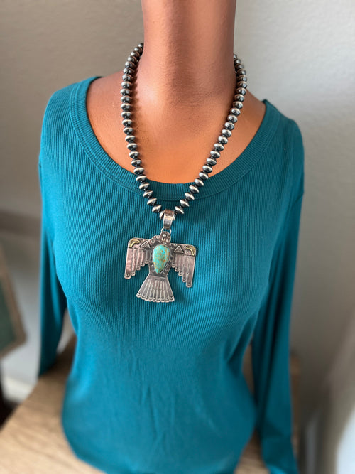 Kimari Somers Hand Stamped Sterling Silver & Kingman Turquoise Thunderbird Pendant 6