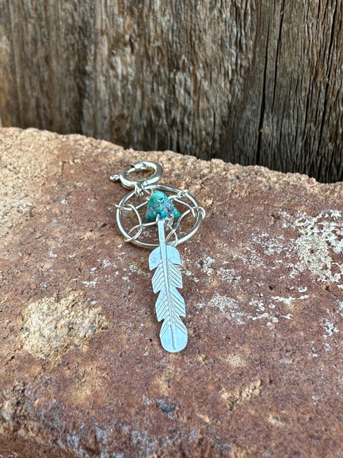 Navajo Crafted Sterling Silver Turquoise Dream Catcher  Charm