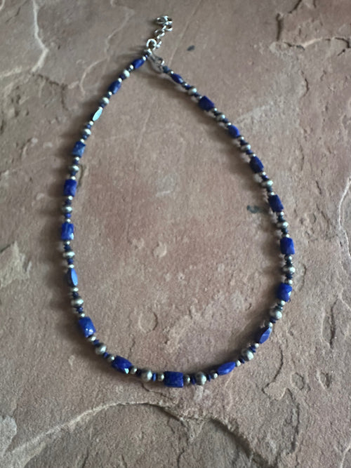 Handmade Sterling Silver & Lapis Beaded Necklace