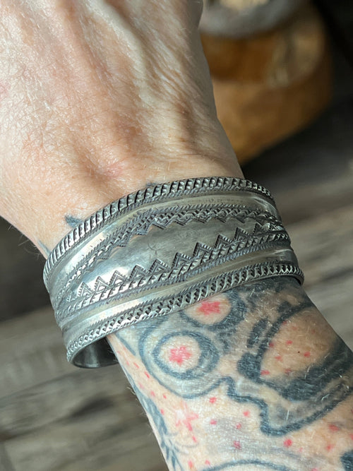 Hand Forged Old Pawn Sterling Silver Repousse Ingot Cuff Bracelet by Santa Fe Artist, Buffalo, The Monsoon