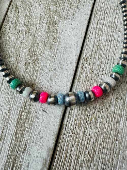 Navajo Sherbet Opal & Sterling Silver Beaded Necklace 18”