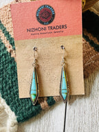 Navajo Sonoran Mountain Turquoise And Sterling Silver Inlay Dangle Earrings