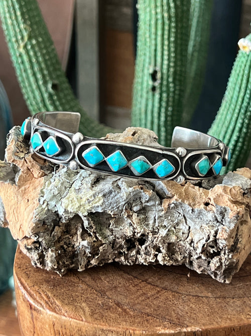 Vintage Zuni Sterling Silver and Four Diamond Turquoise Panel Stacker Cuff Bracelet