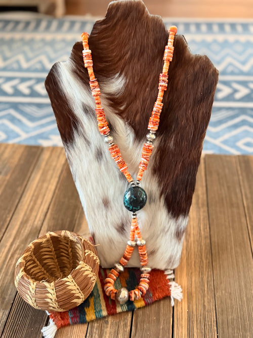 Handcrafted Orange Spiny Oyster, Turquoise & Sterling Silver Beaded Jacla Necklace