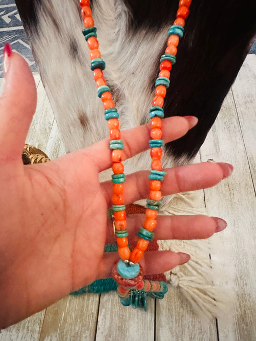 Handcrafted Spiny Oyster,  Turquoise & Sterling Silver Beaded Jacla Necklace