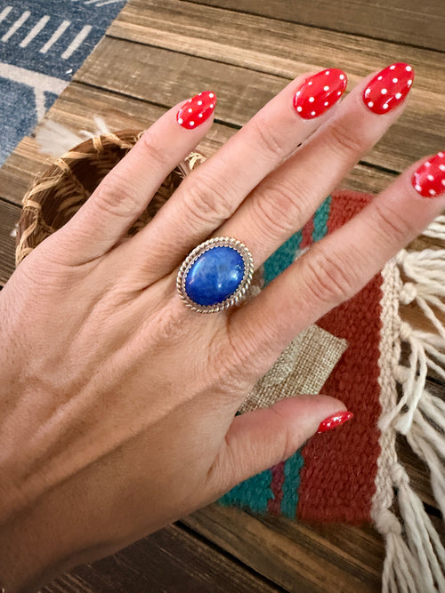 Old Pawn Handcrafted Lapis & Sterling Silver Ring Size 10