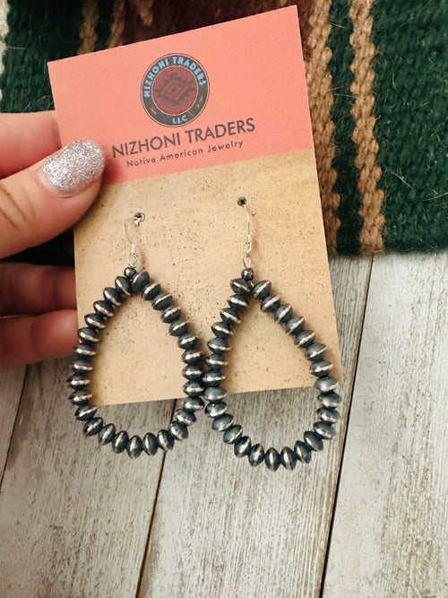 Navajo Sterling Silver Pearl Beaded Dangle Hoop Earrings