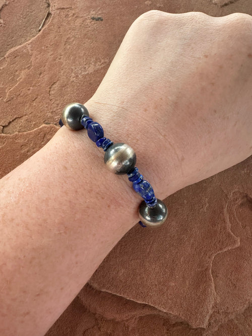 Handmade Lapis & Sterling Silver Beaded Stretch Bracelet