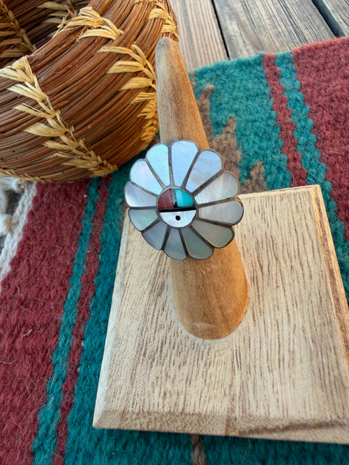 Old Pawn Handcrafted Multi Stone & Sterling Silver Sun Face Ring Size 4.5