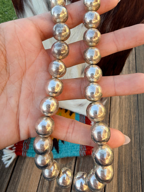 Handcrafted Old Pawn Turquoise and Sterling Silver 10mm Pearl Beaded Necklace 26”