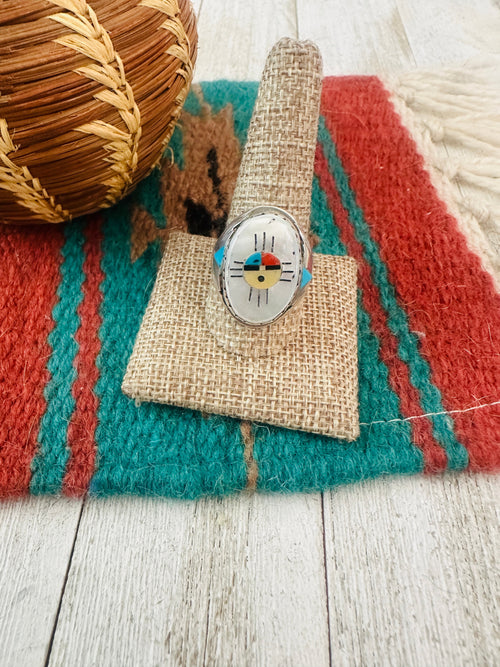 Old Pawn Zuni Sterling Silver & Multi Stone Inlay Sun Face Ring Size 11