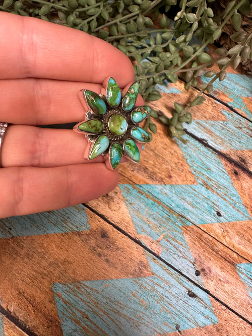 Beautiful Handmade Sonoran Mountain Turquoise And Sterling Silver Cluster Adjustable Ring