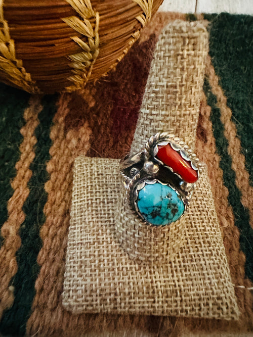 Old Pawn Handcrafted Turquoise, Coral & Sterling Silver Ring Size 9