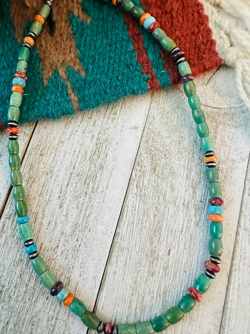 Navajo Turquoise, Spiny & Sterling Silver 16” Beaded Necklace