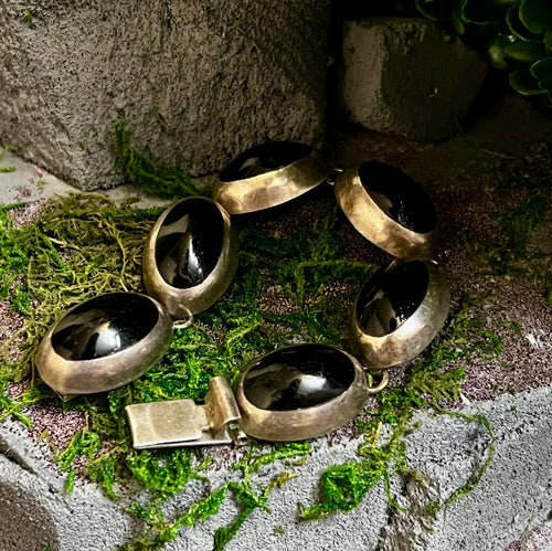 Handmade Old Pawn Sterling Silver & Oval Black Onyx Bracelet