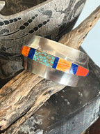 Old Pawn Sterling Silver, Number 8 Turquoise, Lapis, Spiny Oyster and Coral Inlay Cuff Bracelet by Duane Maktima