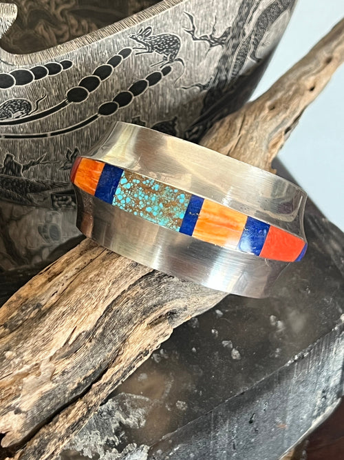 Old Pawn Sterling Silver, Number 8 Turquoise, Lapis, Spiny Oyster and Coral Inlay Cuff Bracelet by Duane Maktima