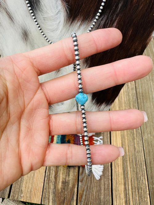 Handcrafted Turquoise & Sterling Silver Pearl 3mm Beaded Necklace