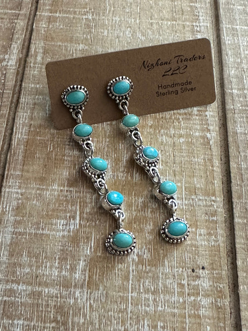 Handmade Kingman Turquoise And Sterling Silver  5 Stone Dangle Earrings