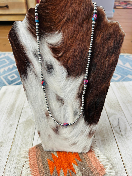 Navajo Sterling Silver & Pink Dream Mojave Beaded 24” Necklace