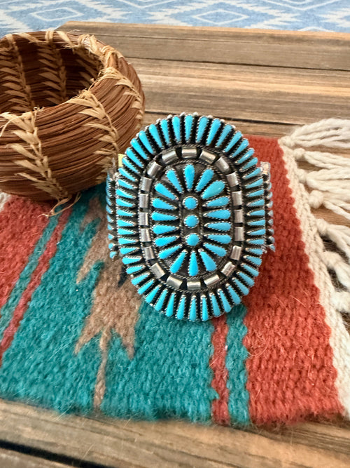 Handcrafted Old Pawn Sterling Silver & Turquoise Cluster Cuff Bracelet