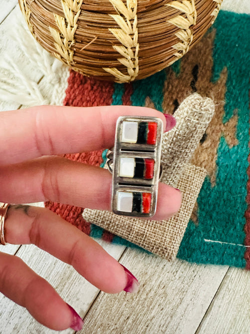 Old Pawn Handcrafted Multi Stone & Sterling Silver Inlay Ring Size 7