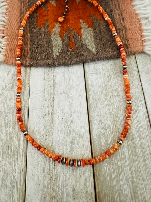 Navajo Orange Spiny & Sterling Silver 16” Beaded Necklace