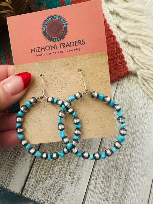Handcrafted Turquoise & Sterling Silver Beaded Dangle Hoop Earrings