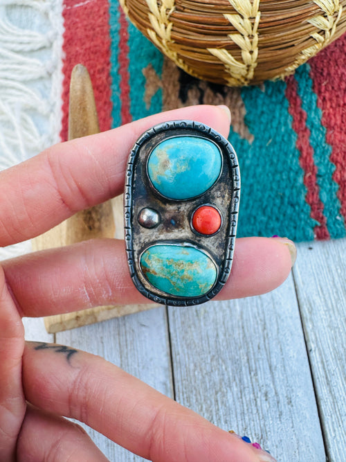 Old Pawn Navajo Sterling Silver, Turquoise & Coral Ring Size 11