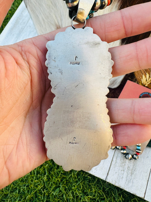 Handcrafted Old Pawn Turquoise, Spiny Oyster & Sterling Silver Beaded Necklace and Earring Set, Signed J