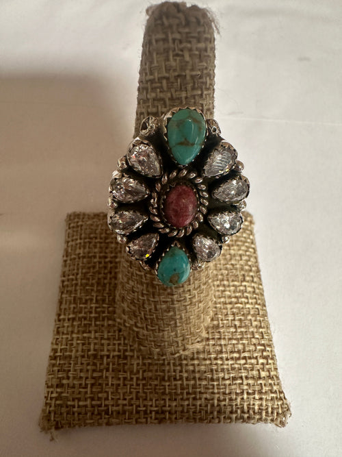 Beautiful Handmade Rhodonite, Turquoise, CZ And Sterling Silver Adjustable Ring