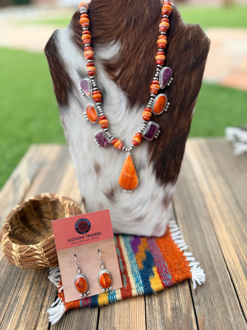 Handcrafted Spiny Oyster & Sterling Silver Beaded Necklace and Earring Set by Aaron Robeson
