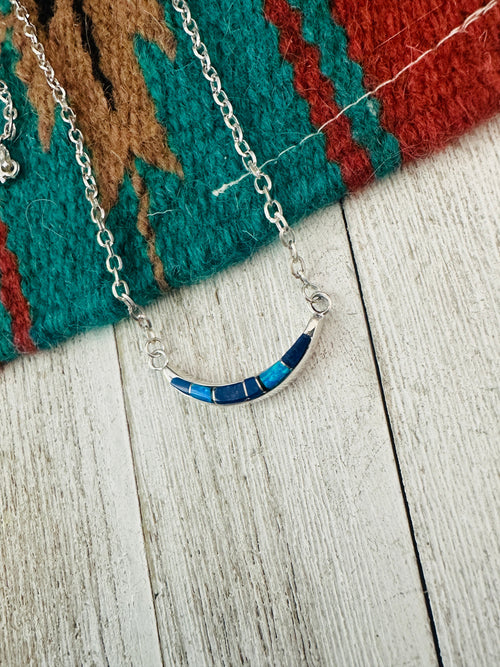 Navajo Sterling Silver, Lapis & Opal Inlay Crescent Necklace