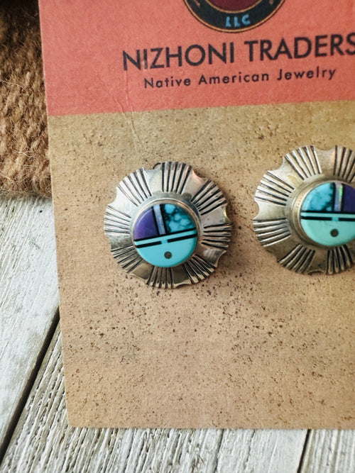 Old Pawn Navajo Sterling Silver & Multi Stone Inlay Sun Face Stud Earrings by Gary Arviso