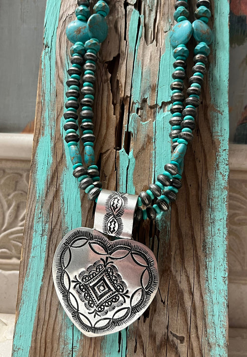 Silver-Plated Brass Heart & Two Strand Blue Accent Beaded Necklace