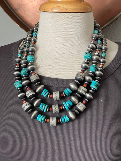 Navajo Sterling Silver, Kingman Turquoise and Spiny Oyster Shell Handcrafted Beaded Necklace by Rose Martin, 24 + 1-1/2 inches