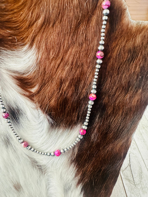 Navajo Sterling Silver & Pink Mojave 18” Beaded Necklace