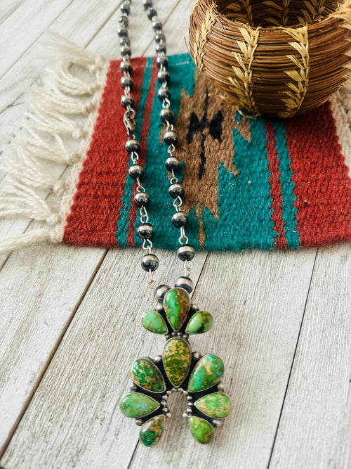 Navajo Sterling Silver & Sonoran Gold Turquoise Beaded Naja Necklace Signed