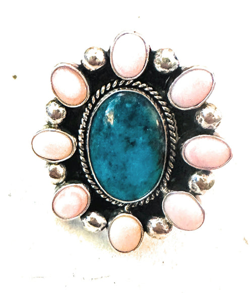 Navajo Sterling Silver, Queen Pink Conch & Turquoise Cluster Adjustable Ring