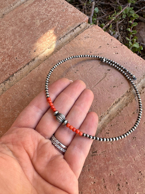 Handmade Sterling Silver Coral Beaded Wrap Choker Necklace