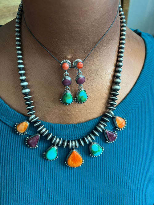 Navajo Made Sterling Silver Electric Rainbow Beaded Drop Charm Necklace & Earrings Set by Loretta Delgarito