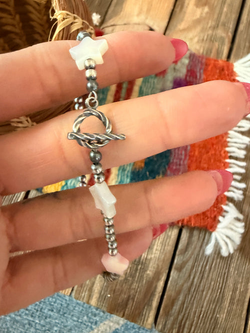Handcrafted Pink Conch, Mother of Pearl & Sterling Silver Pearl Star Beaded Bracelet