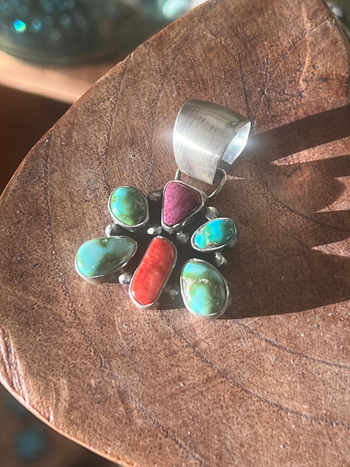Navajo Electric Rainbow Turquoise and Spiny Oyster Mini Butterfly Pendant by Angela Martin